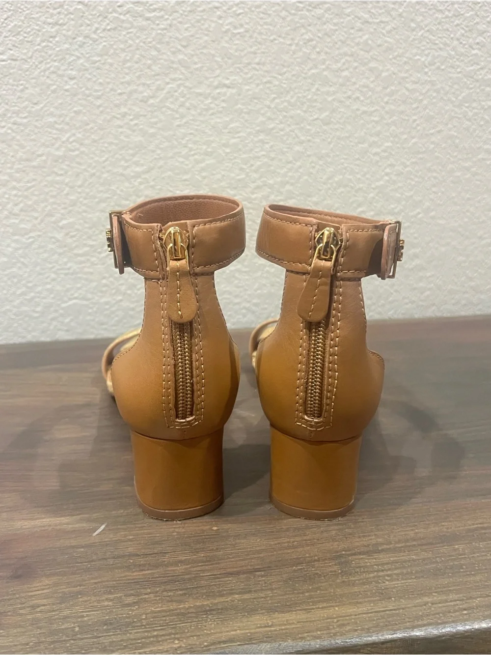 Tory Burch | Tana Ankle Wrap City 2” Heels Leather Block Heel Tan Gold